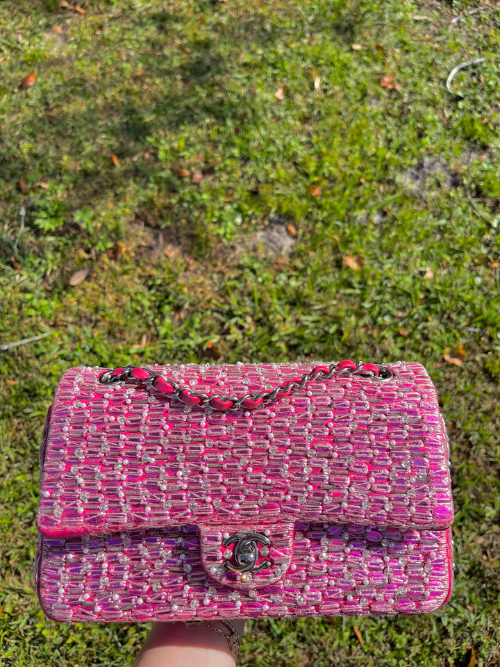Chanel Pink Beaded Satin Medium Double Flap Bag