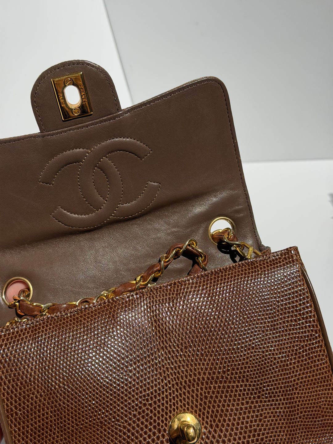 Chanel Brown Vintage Lizard Mini Square Flap Bag 24K Plated Gold Hardware 1986