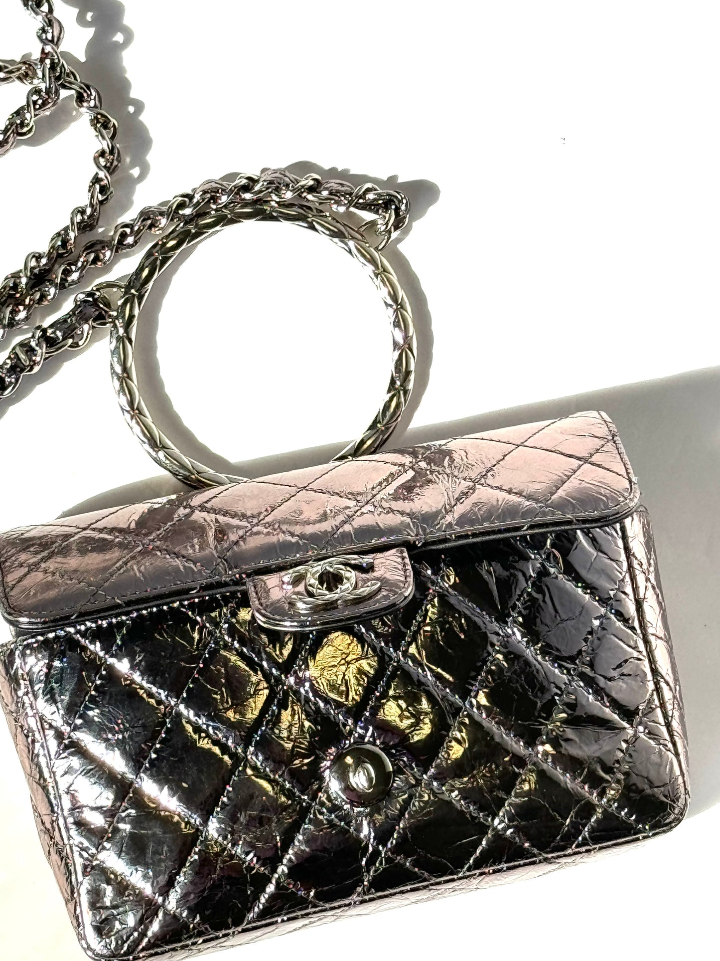 Chanel Metallic Calfskin Mini Ring Handle Flap Bag