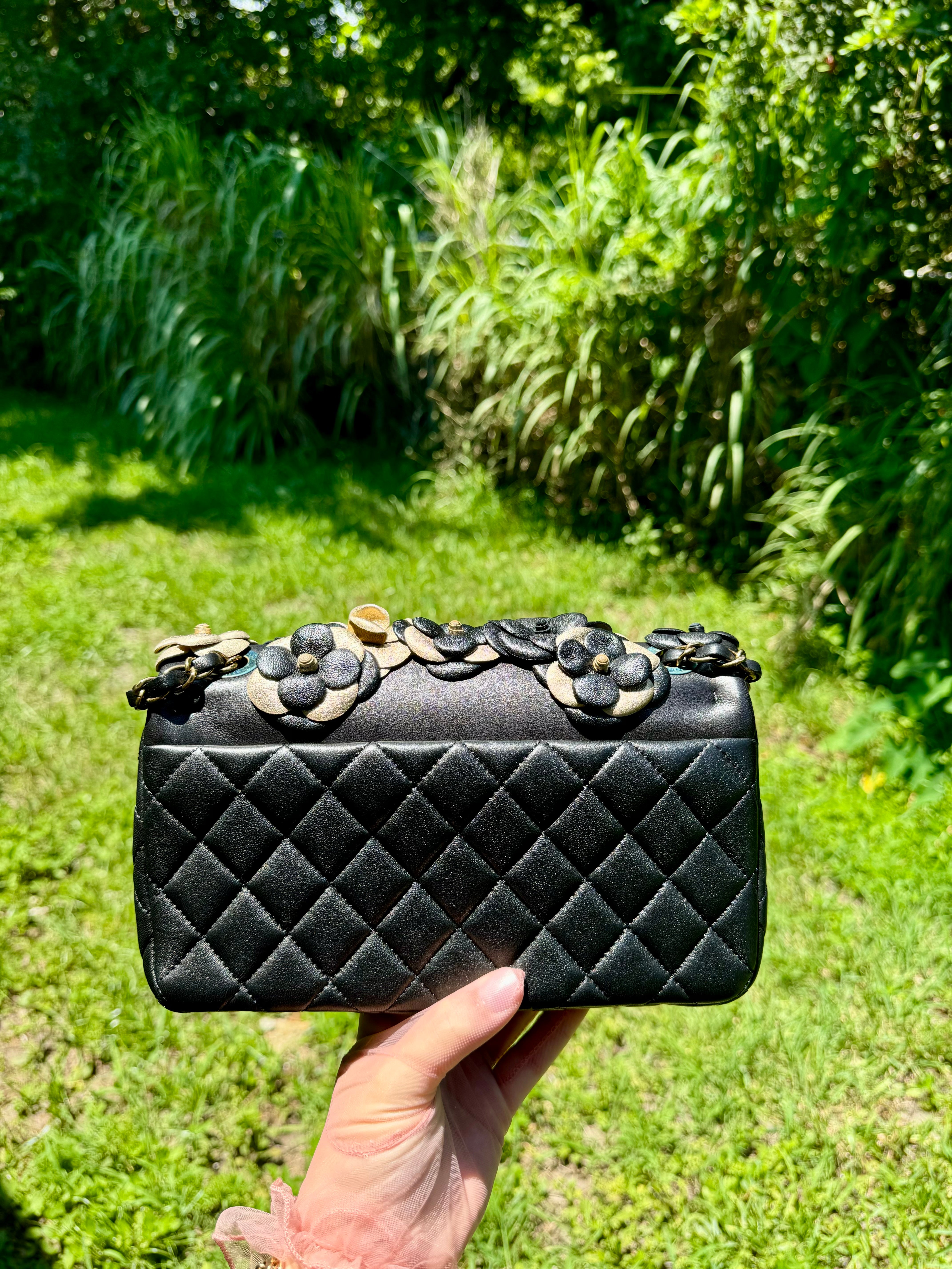 Chanel Metallic Gold and Black Lambskin Camellia Rose Appliqué