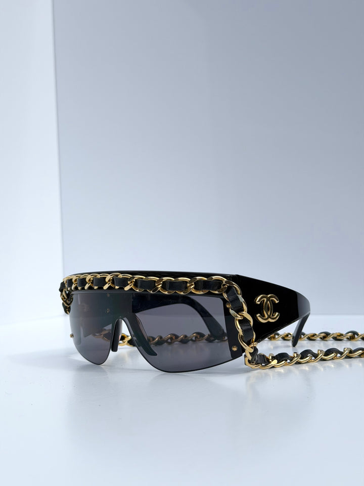 Chanel 1992 Runway Chain Sunglasses Black Gold Hardware