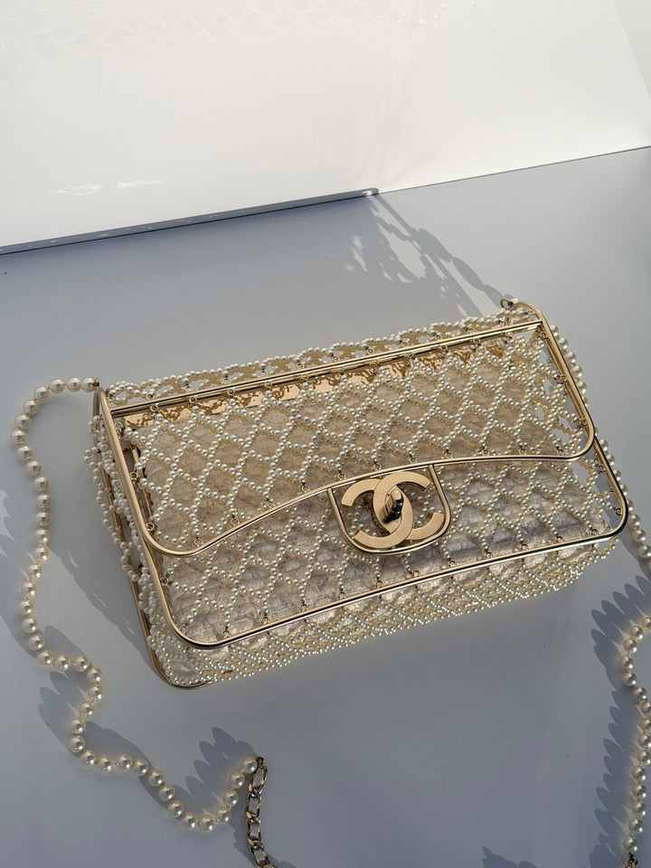 Chanel 2014 Pearl Embellished Caged Flap Minaudière Bag
