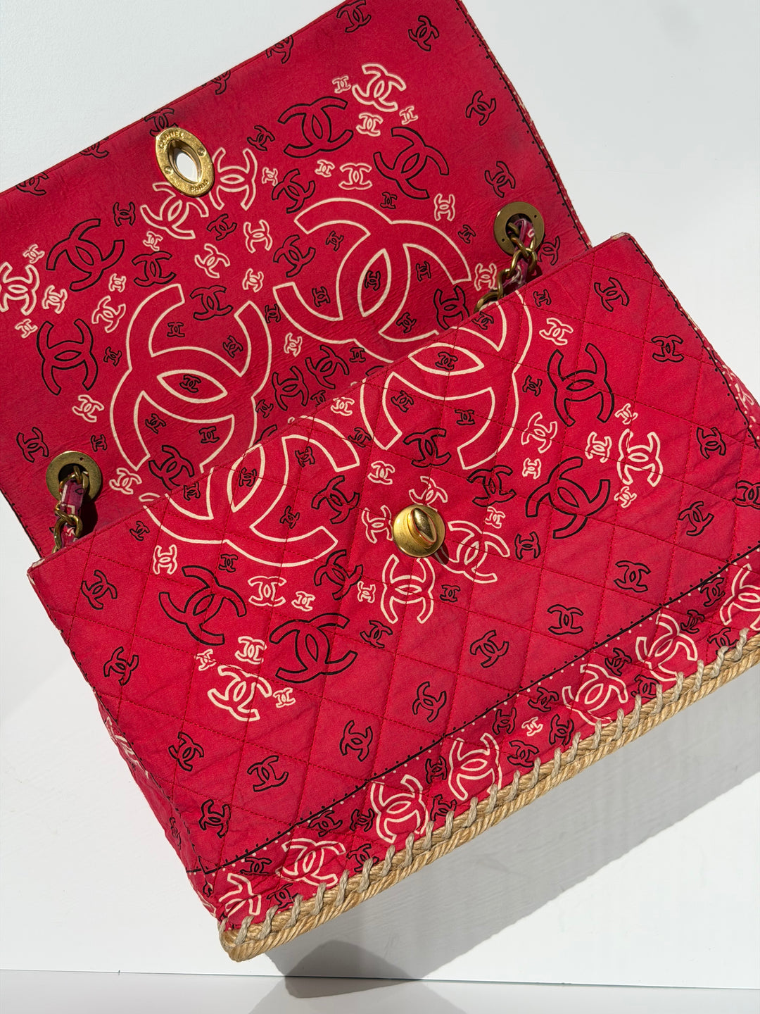 Chanel Vintage Red Bandana Paisley Print Straw Maxi Jumbo Flap Bag 1994