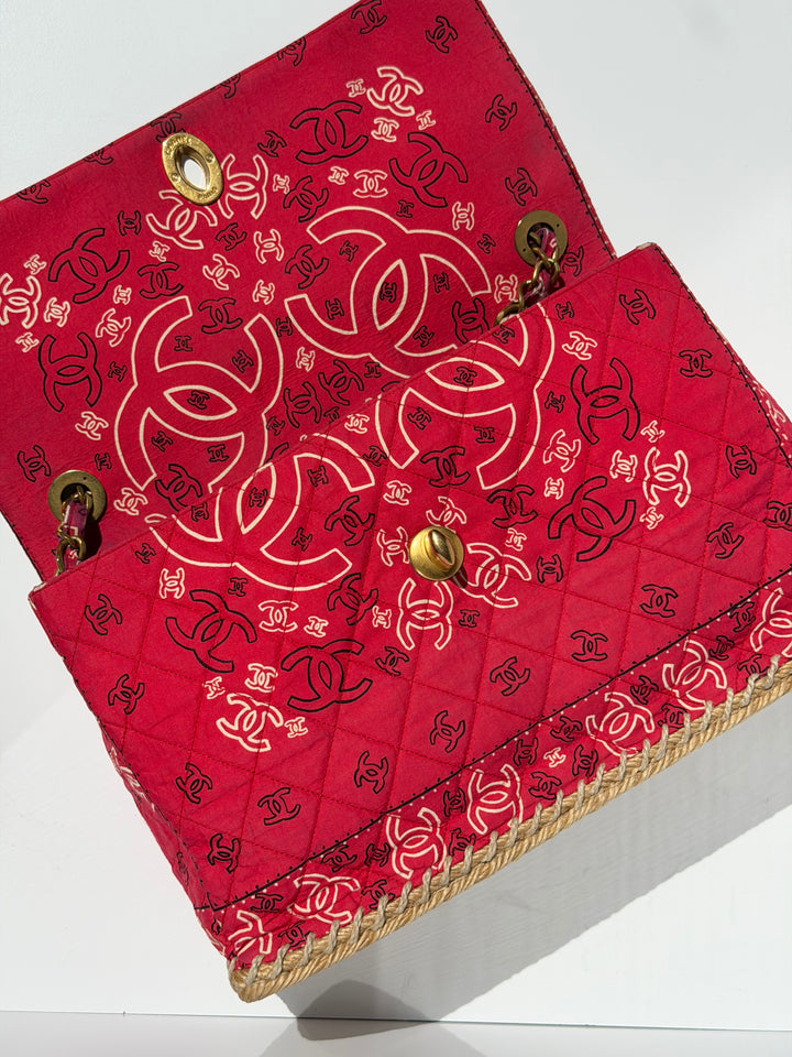 Chanel Vintage Red Bandana Paisley Print Straw Maxi Jumbo Flap Bag 1994
