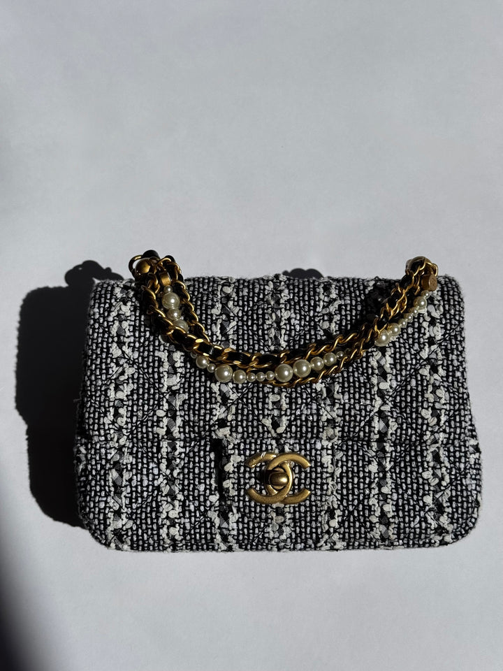 Chanel Black & White Mini Tweed Pearl Flap Bag
