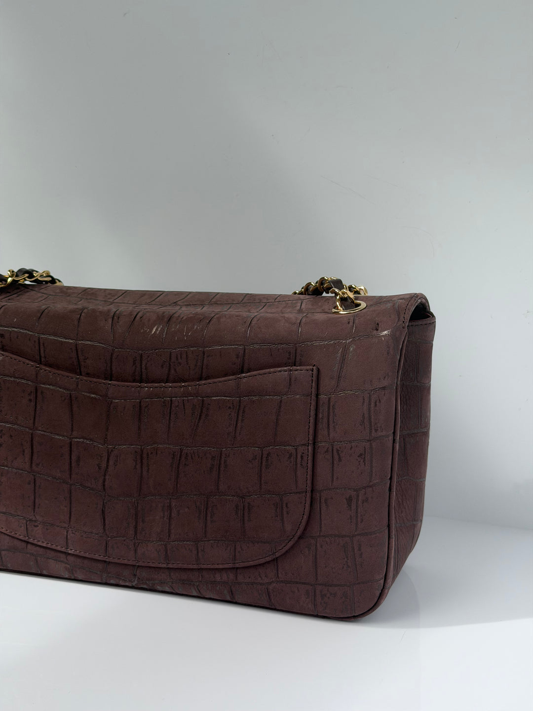 Chanel Maxi Flap Bag Brown Croc-Embossed Suede Calfskin Gold Tone Hardware 2026