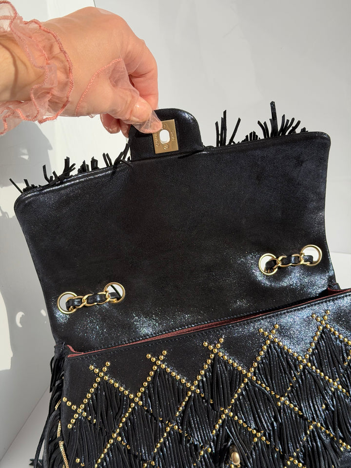Chanel Paris-Dallas Medium Fringe Flap Bag Black Iridescent Leather Brushed Gold Tone Hardware 2014