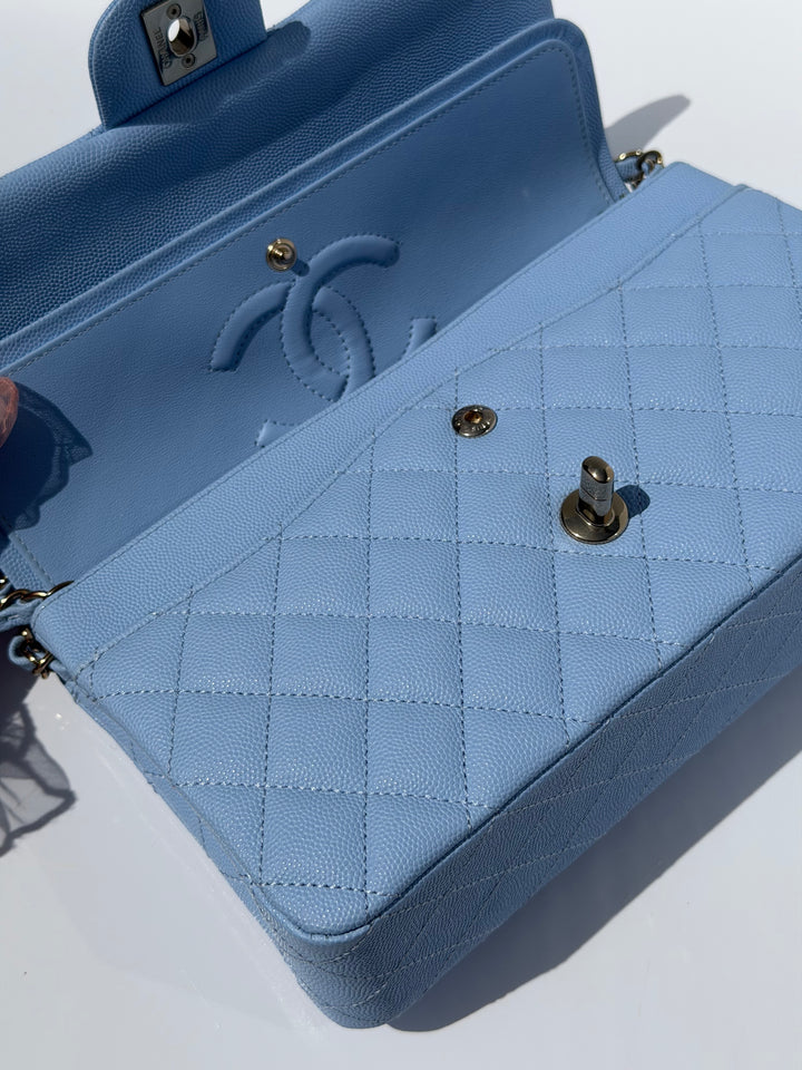 Chanel Medium Classic Double Flap Caviar Light Blue Light Gold Hardware 2023