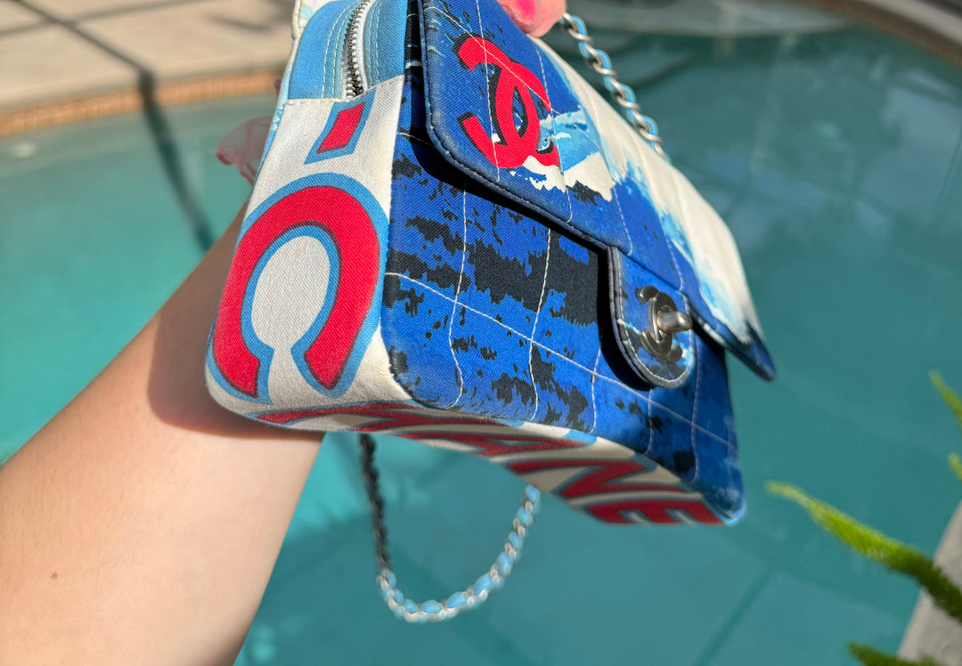 Chanel Surf Line Choco Bar Flap Blue Canvas Silver Hardware 2002