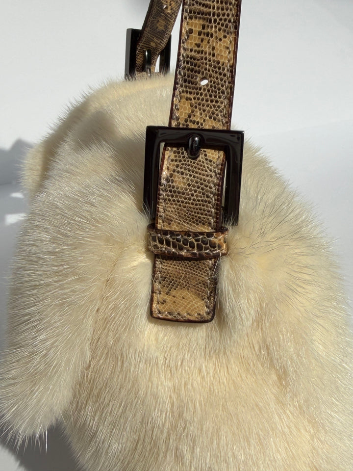 Fendi Crystal Embellished Baguette White Mink Fur Lizard Trim Gold Tone Hardware