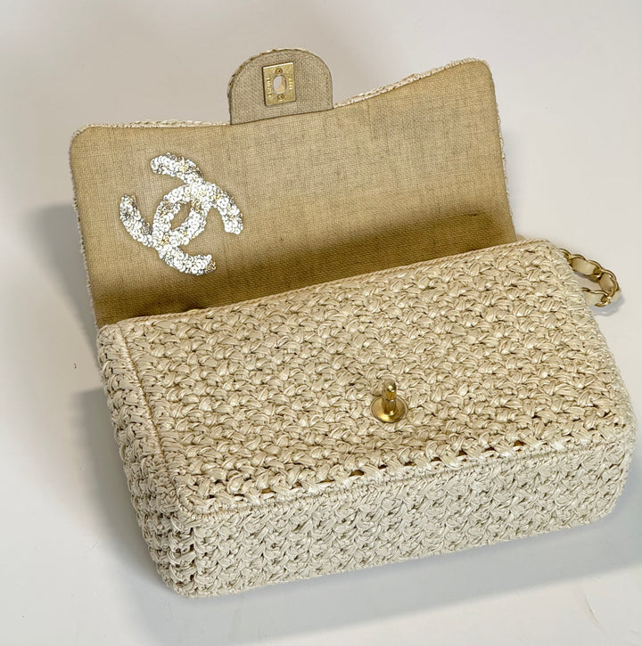 Chanel Raffia Crochet Flap Tan Matte Gold Hardware 18C