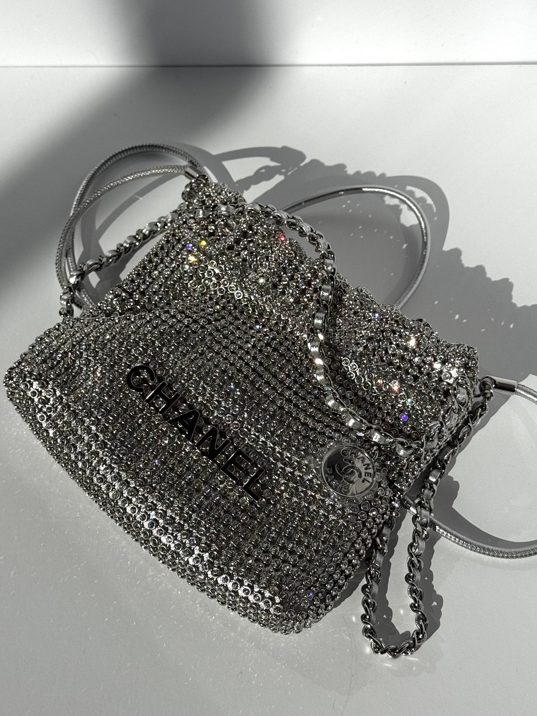 Chanel Mini Chanel 22 Crystal Embellished Metallic Lambskin Silver Silver Hardware