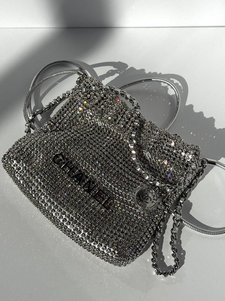 Chanel Mini Chanel 22 Crystal Embellished Metallic Lambskin Silver Silver Hardware
