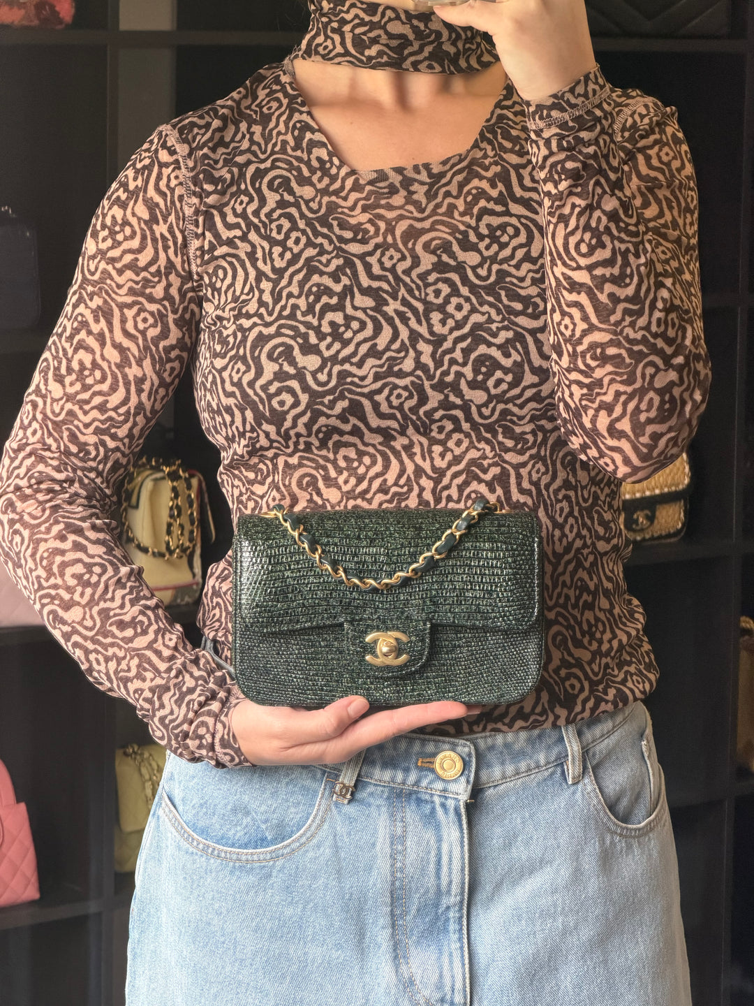 Chanel Mini Flap Green Lizard Brushed Gold Hardware 2018