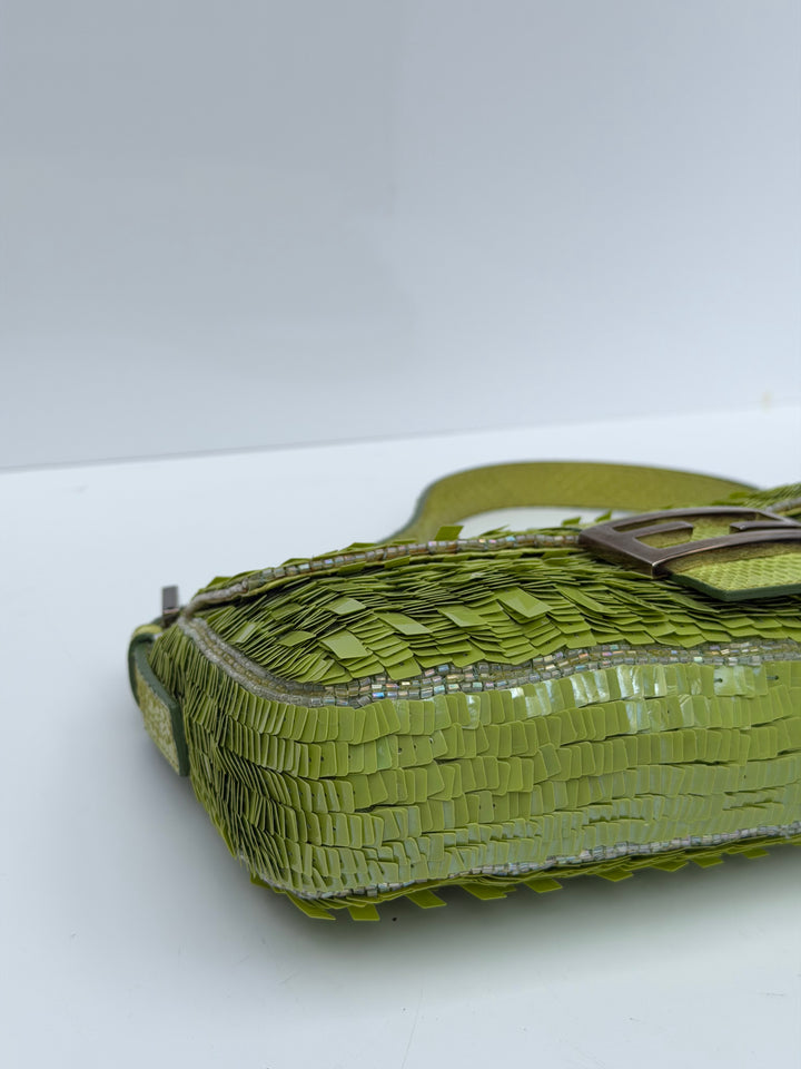 Fendi Lime Green Sequin Baguette Python Trim Silver Hardware 2000