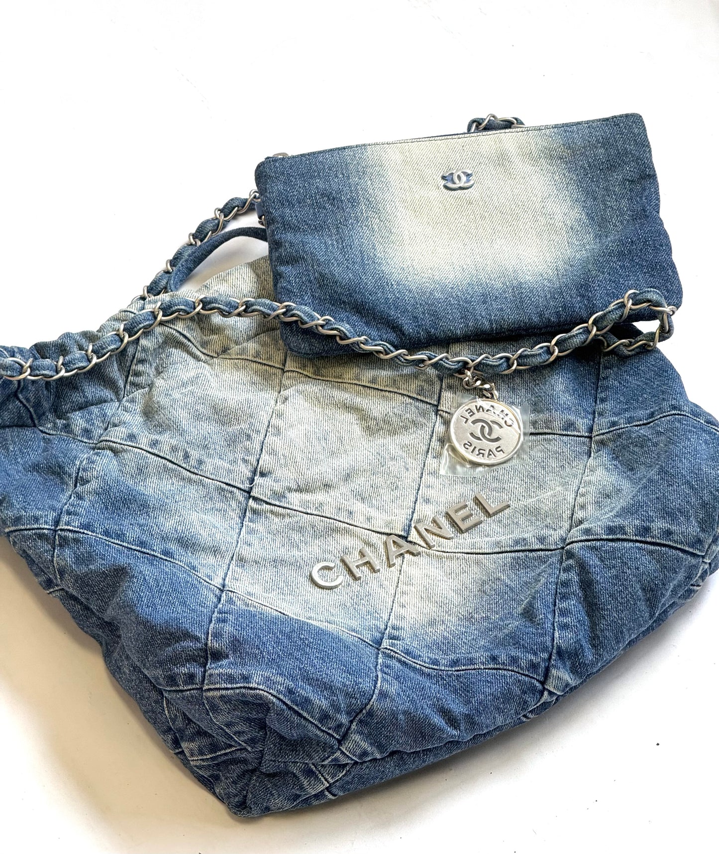 Chanel 23P Small Denim 22 Drawstring Bag