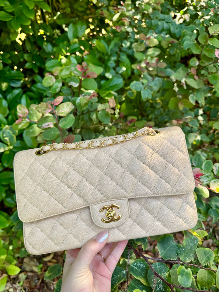 Chanel 2008 Beige Claire Medium Caviar Classic Flap W 24K GHW