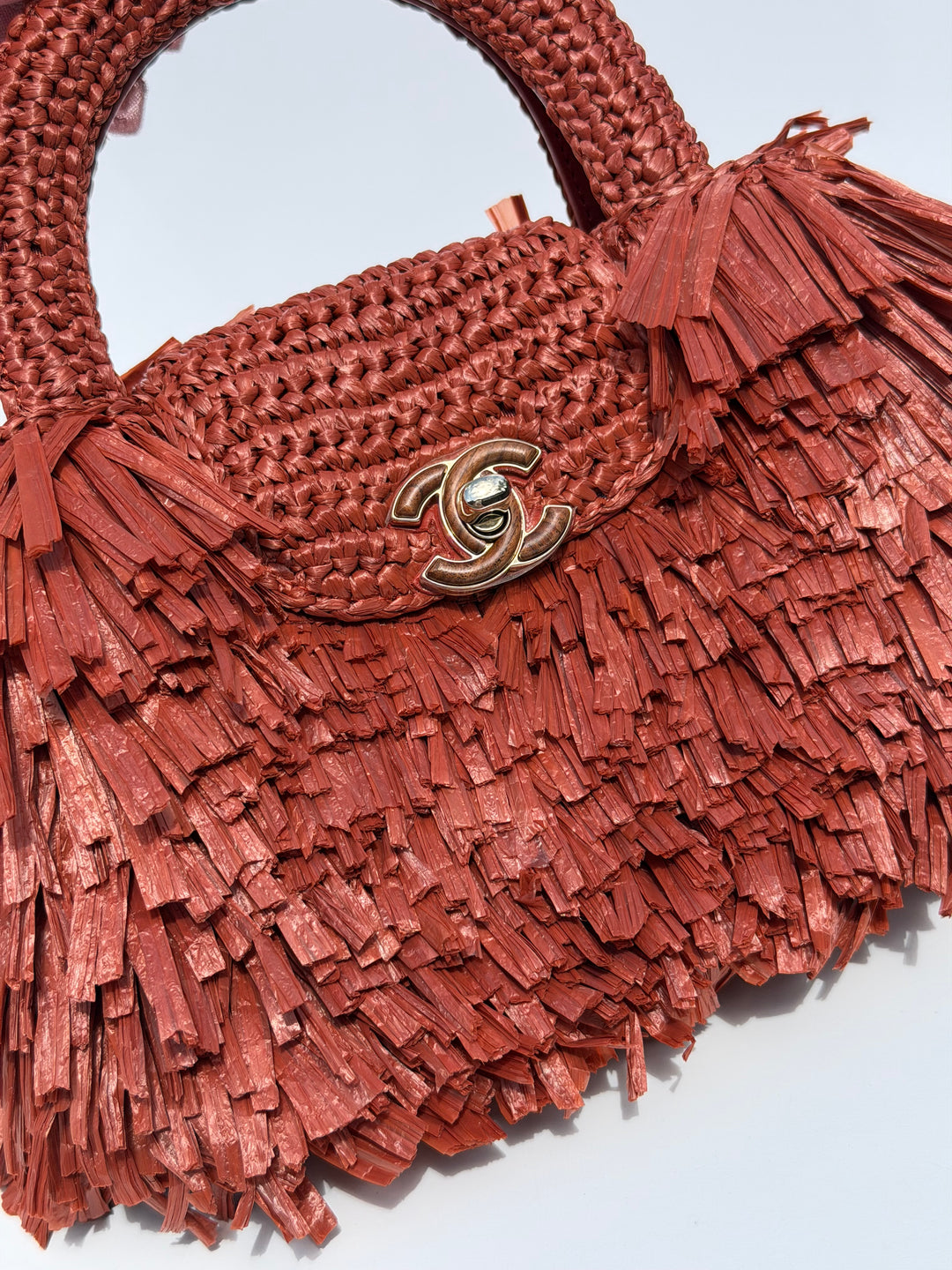 Chanel Mini Shopping Bag Fringed Raffia Effect Fabric Rust Gold Tone Metal 2026