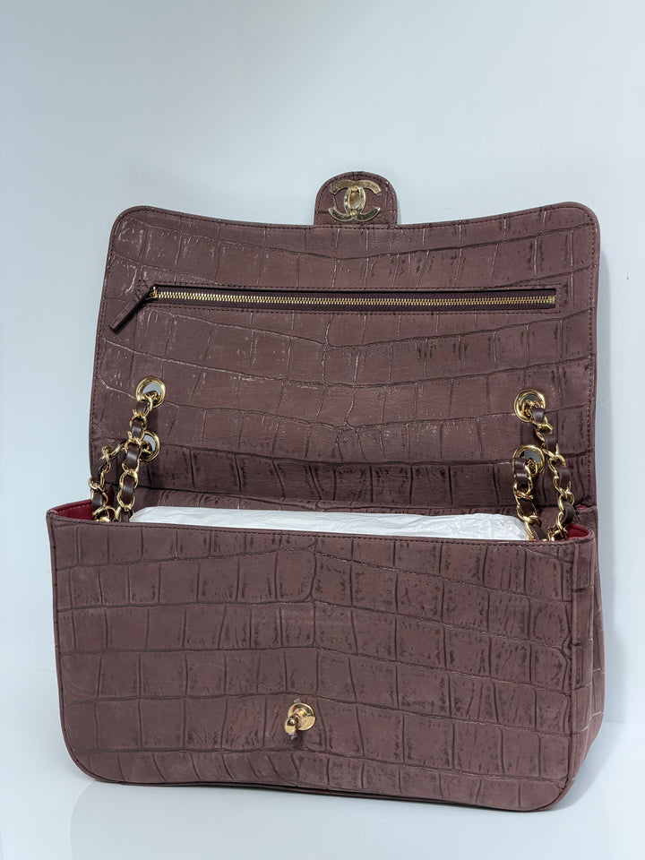Chanel Maxi Flap Bag Brown Croc-Embossed Suede Calfskin Gold Tone Hardware 2026