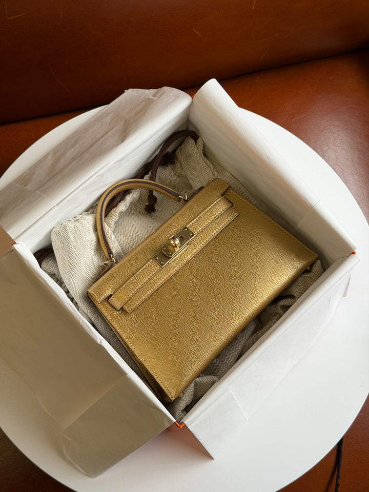 Hermes Mini Sellier Gold Metallic Chevre Dore Kelly 20