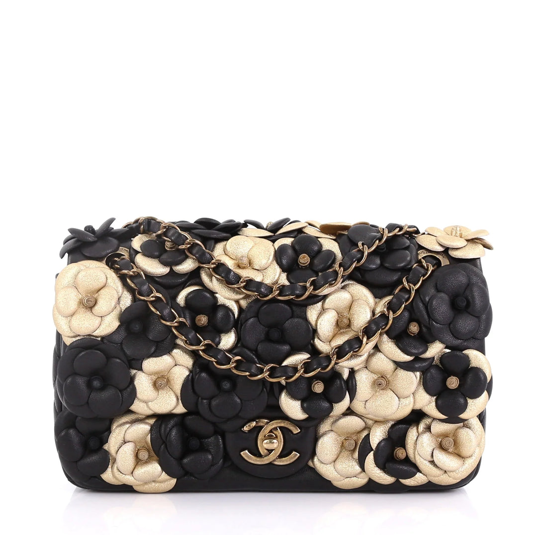 Chanel Metallic Gold and Black Lambskin Camellia Rose Appliqué Medium Flap Bag