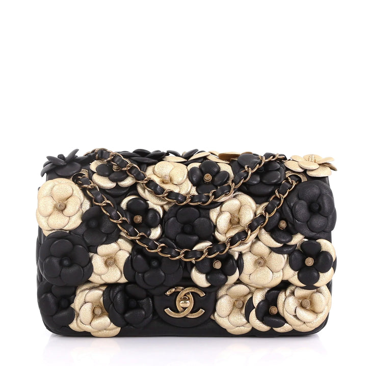 Chanel Metallic Gold and Black Lambskin Camellia Rose Appliqué Medium Flap Bag