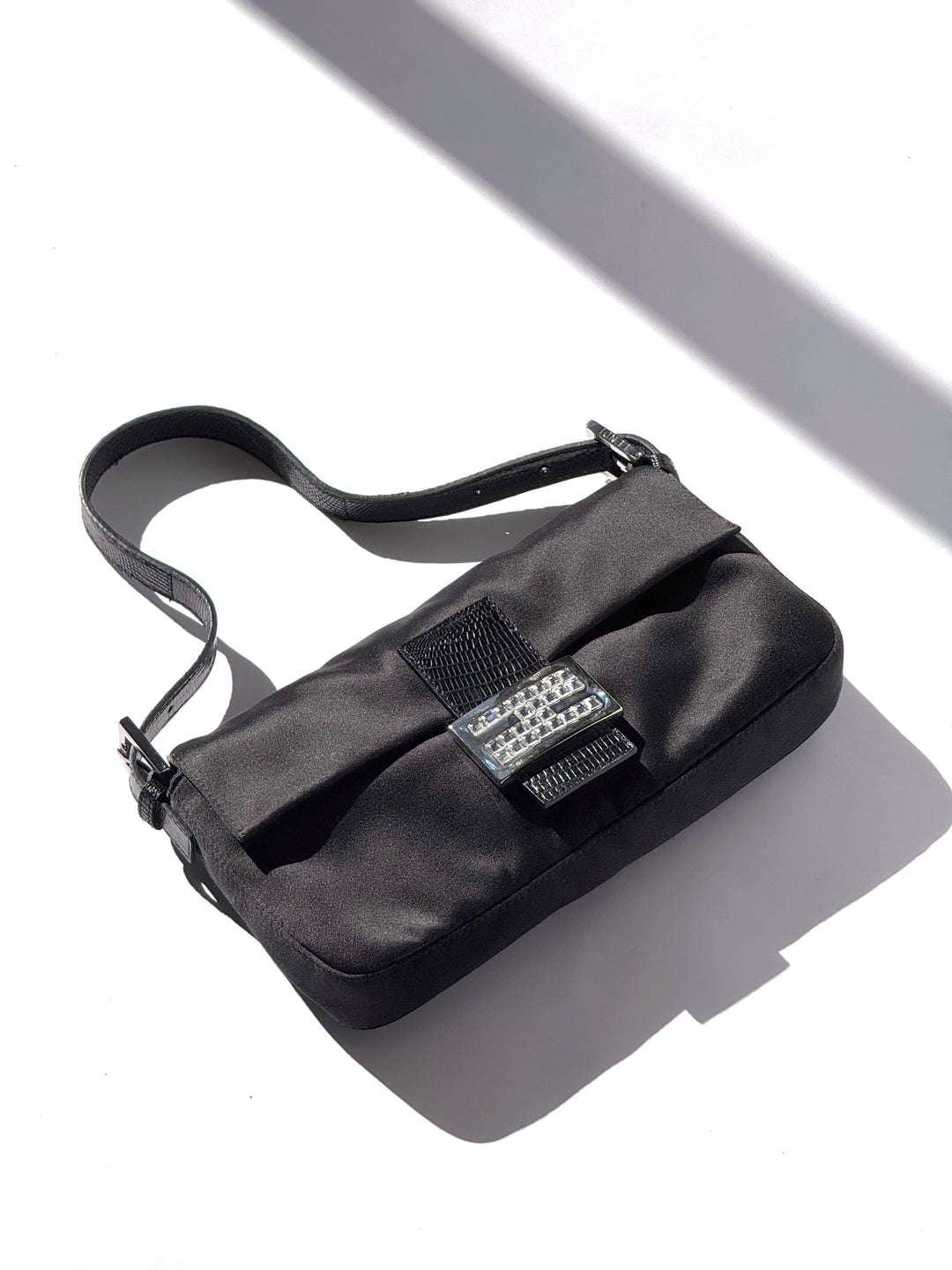 Fendi Black Satin Crystal Baguette With Lizard Trim