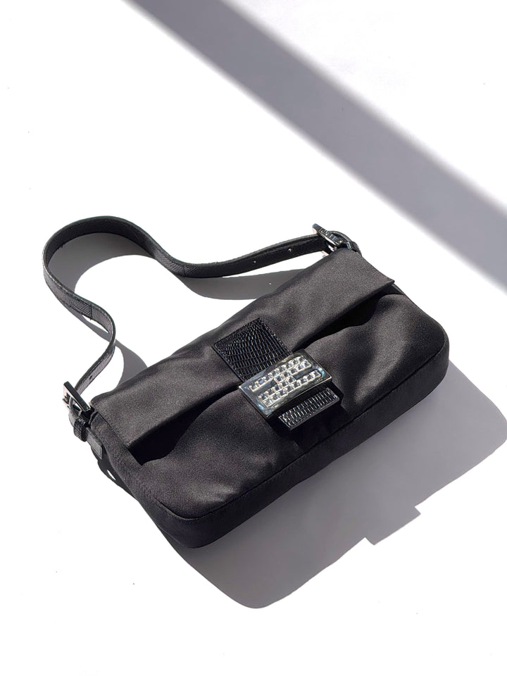 Fendi Black Satin Crystal Baguette With Lizard Trim
