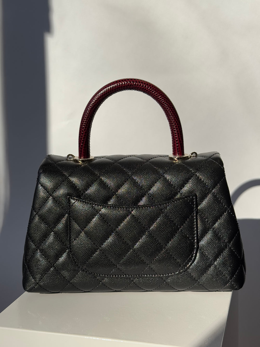 Chanel Small Black Caviar Coco + Burgundy Lizard Top Handle