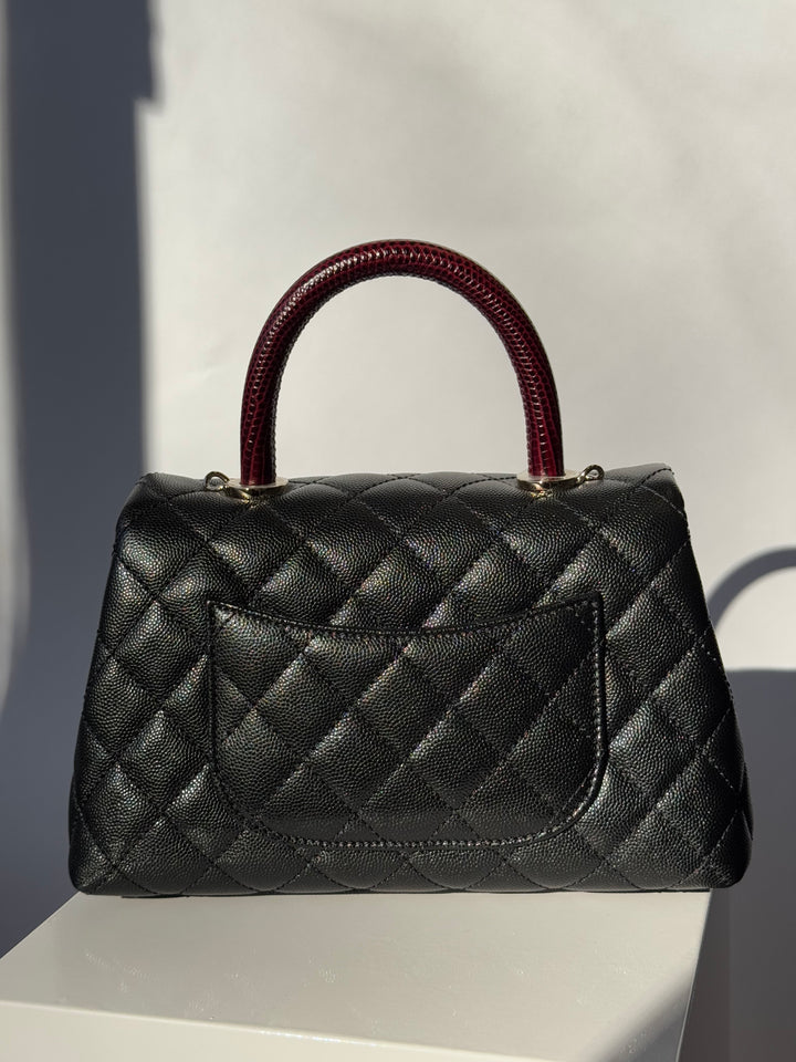 Chanel Small Black Caviar Coco + Burgundy Lizard Top Handle