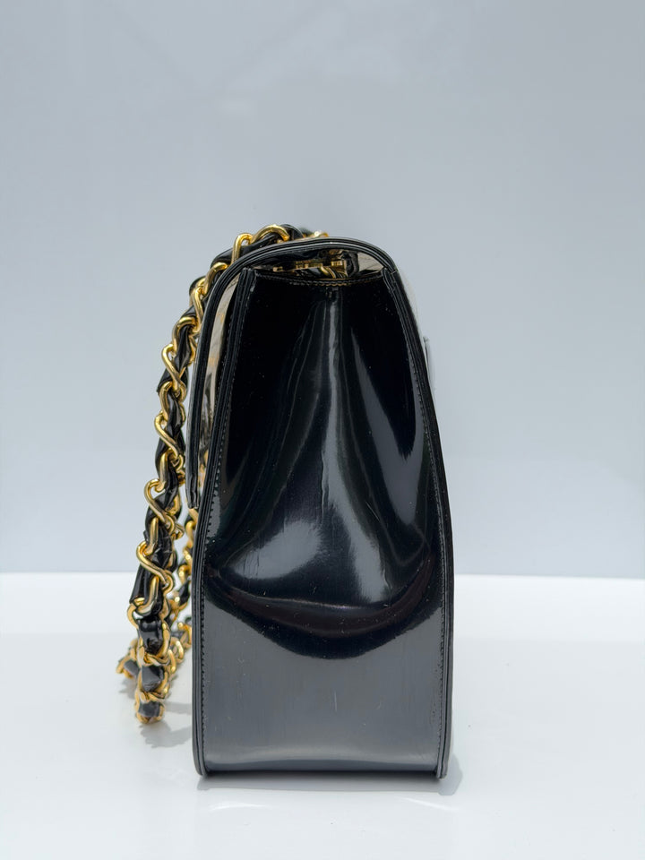 Chanel Maxi Classic Flap Bag Clear Vinyl Black Patent Leather Gold Hardware 1994