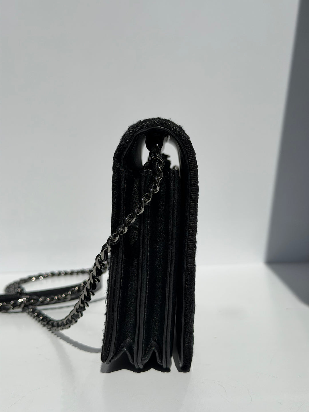 Chanel Black Mixed Media Patchwork Square Wallet on Chain Silver Hardware 2018