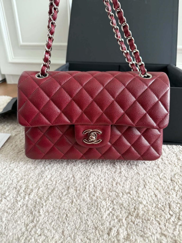 Chanel Small Classic Double Flap Caviar Wine Red Silver Hardware 2020