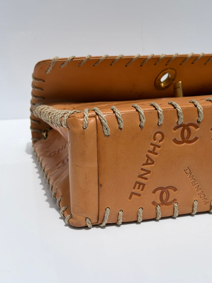 Chanel Jumbo Classic Flap Bag Tan Debossed Logo Calfskin Whipstitched Gold Hardware 1994
