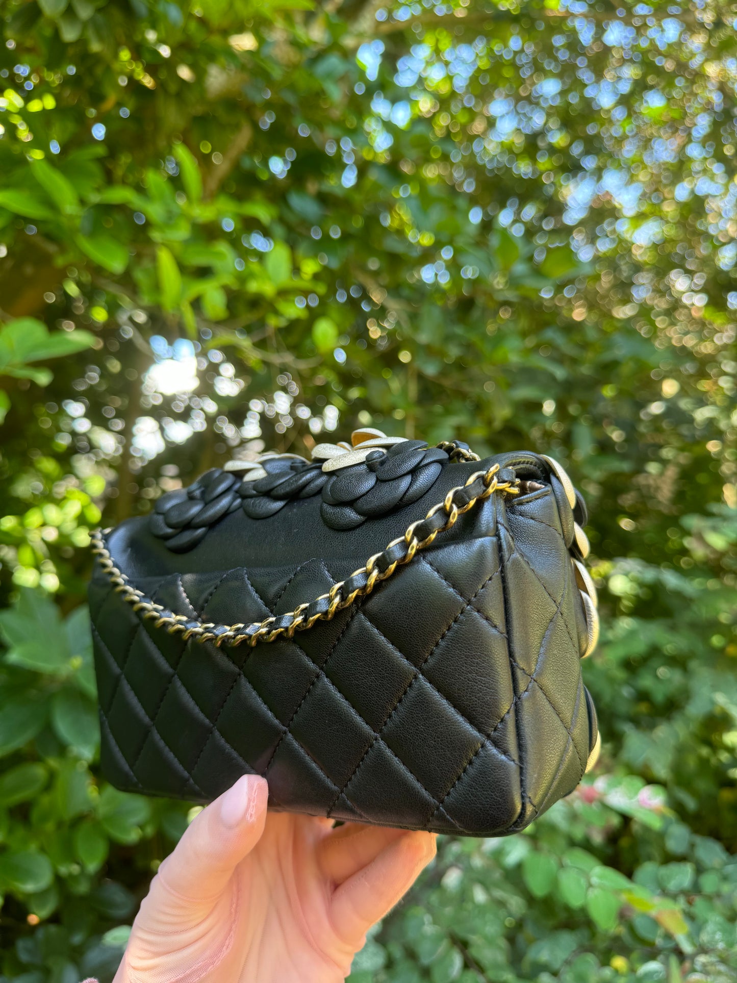 Chanel Metallic Gold And Black Lambskin Camellia Rose Appliqué Mini Rectangle Flap