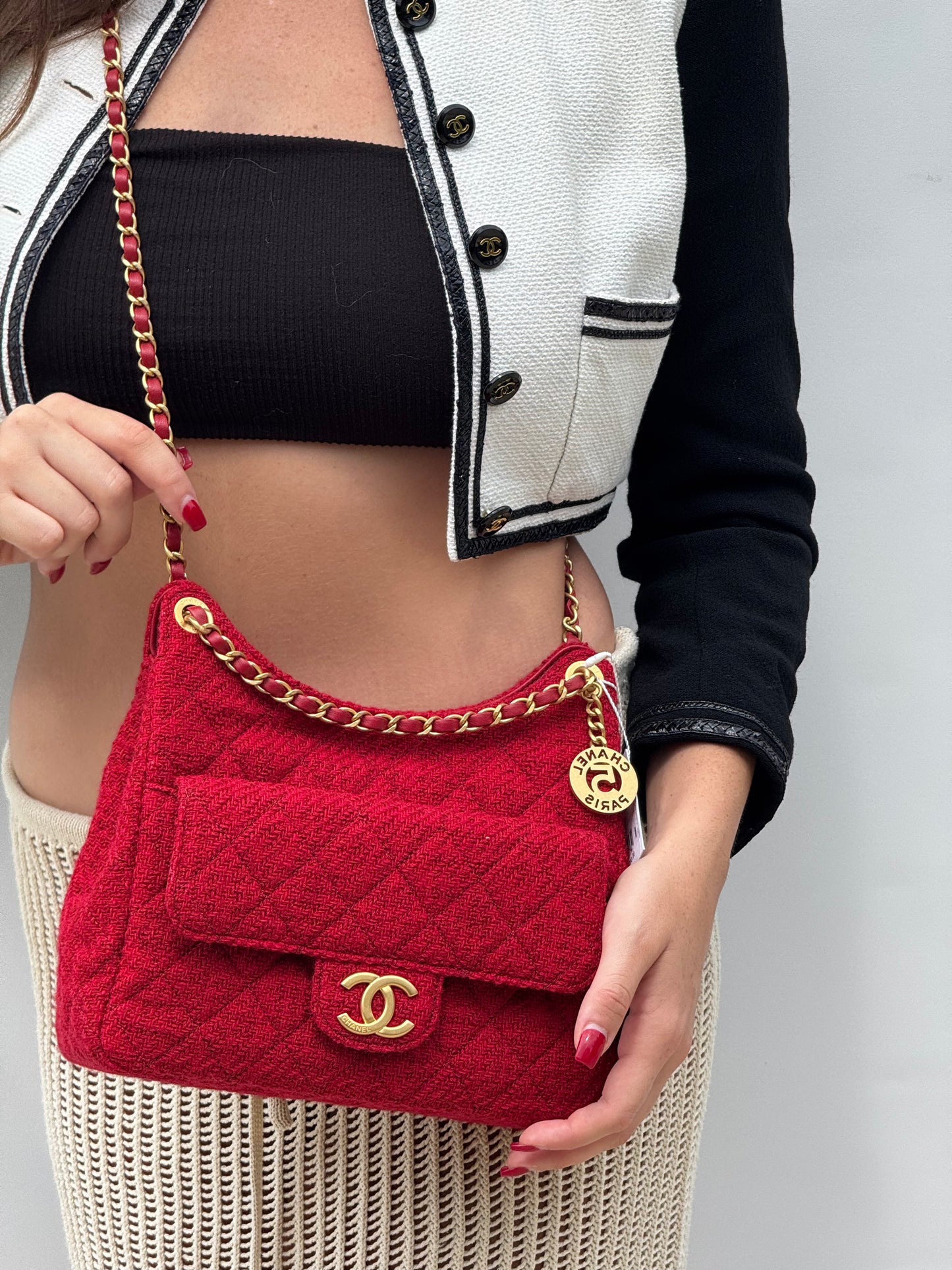 Chanel Small Red Wool Tweed Hobo