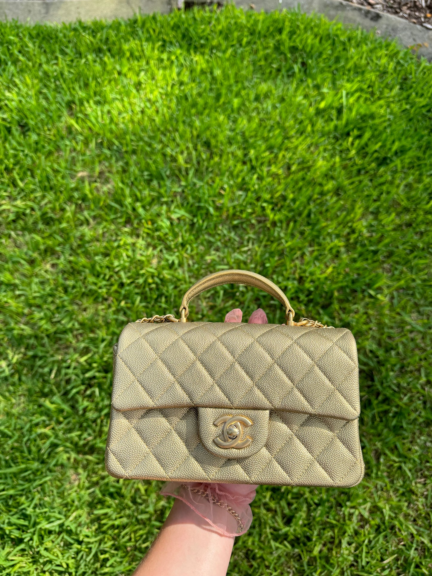 Chanel 21S Mini Metallic Gold Caviar Top Handle