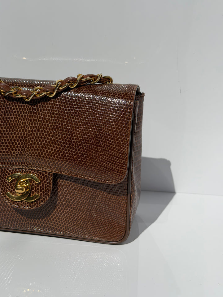 Chanel Brown Vintage Lizard Mini Square Flap Bag 24K Plated Gold Hardware 1986
