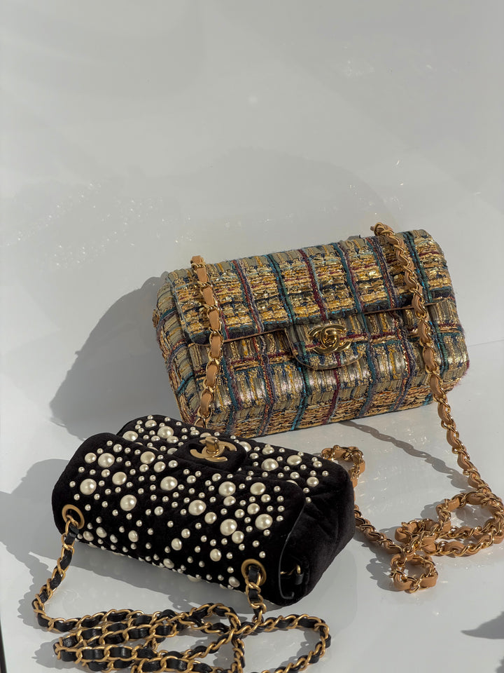 Chanel Black Velvet Mini Pearl Flap Bag