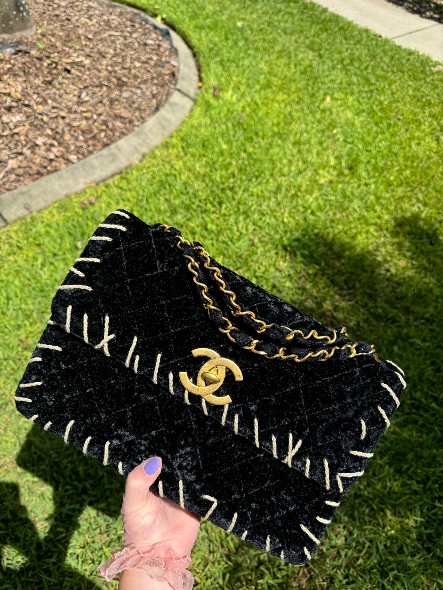 Chanel 1993 Black Velvet Whipstitch CC Flap Bag