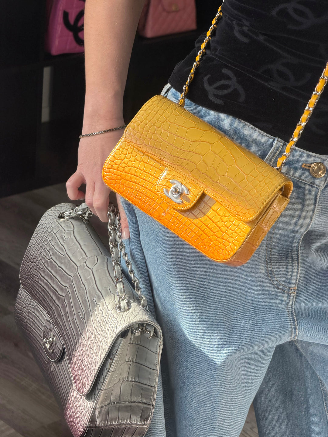 Chanel Mini Flap Orange & Yellow Ombre Alligator Silver Hardware 2014