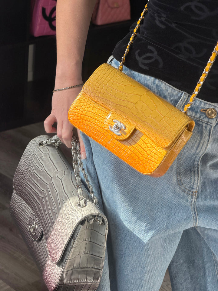 Chanel Mini Flap Orange & Yellow Ombre Alligator Silver Hardware 2014