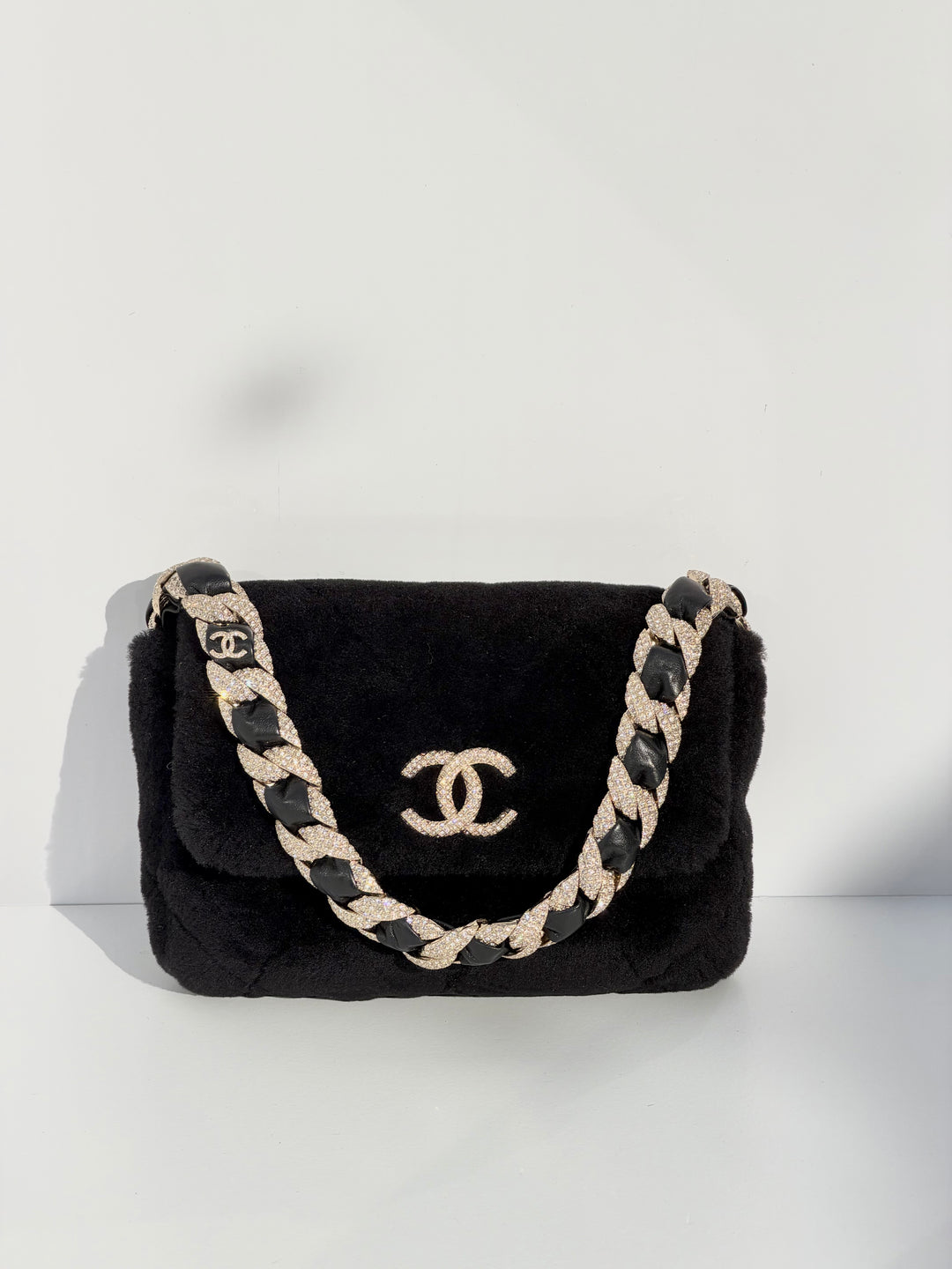 Chanel 2020 Shearling & Strass Black Flap Bag