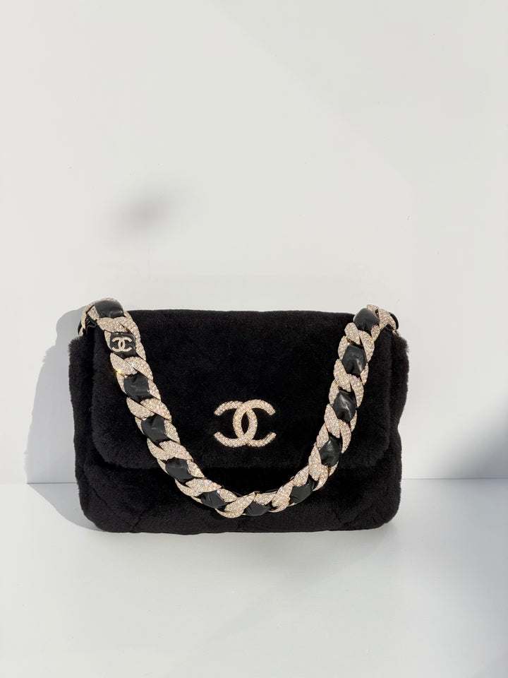 Chanel 2020 Shearling & Strass Black Flap Bag