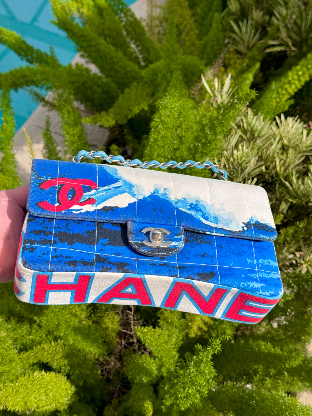 Chanel Surf Line Choco Bar Flap Blue Canvas Silver Hardware 2002