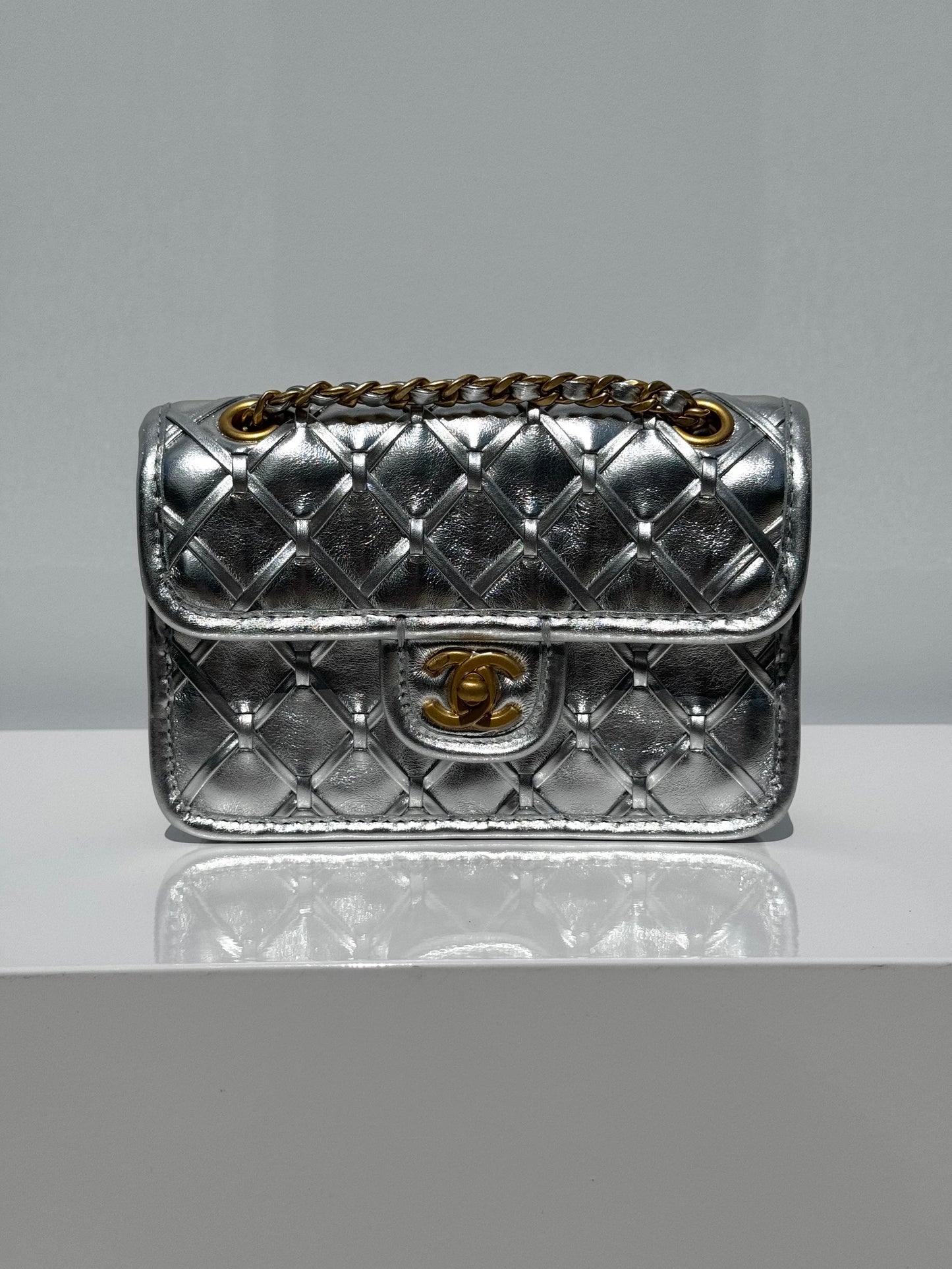 Chanel Silver Metallic Mini Braided Calfskin Flap Bag