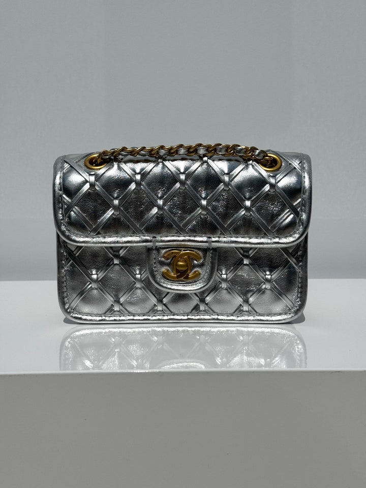 Chanel Silver Metallic Mini Braided Calfskin Flap Bag