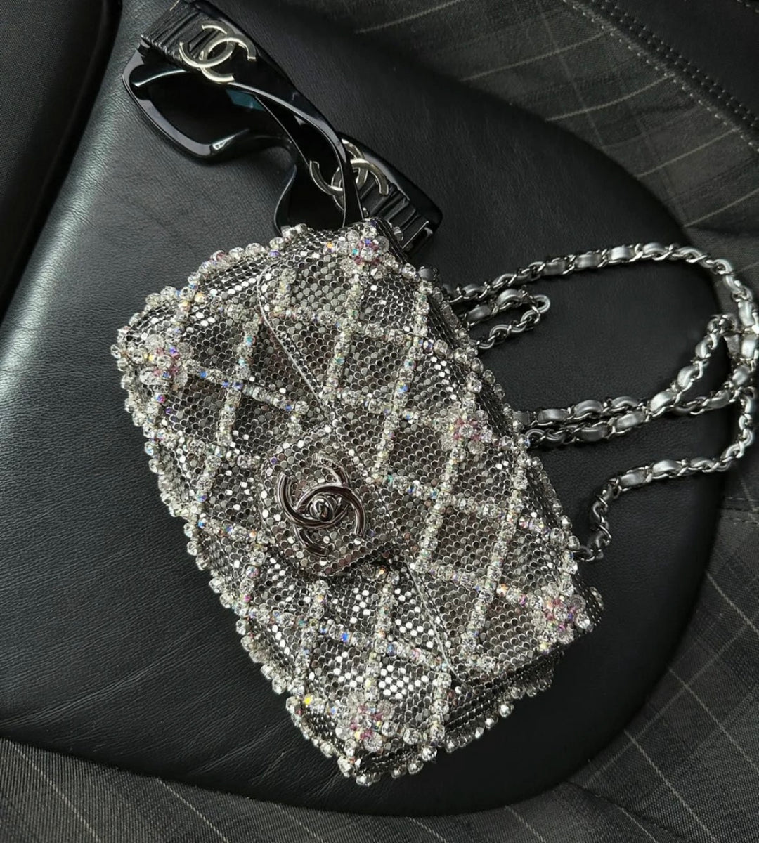Chanel 2022 Silver Diamond Quilted Crystal Mini Flap