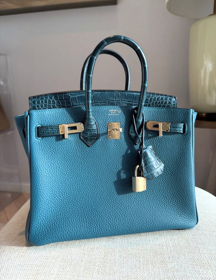 Hermès Birkin 25 Touch Vert Bosphore / Vert Rousseau Togo Leather and Matte Crocodile Gold Hardware 2021