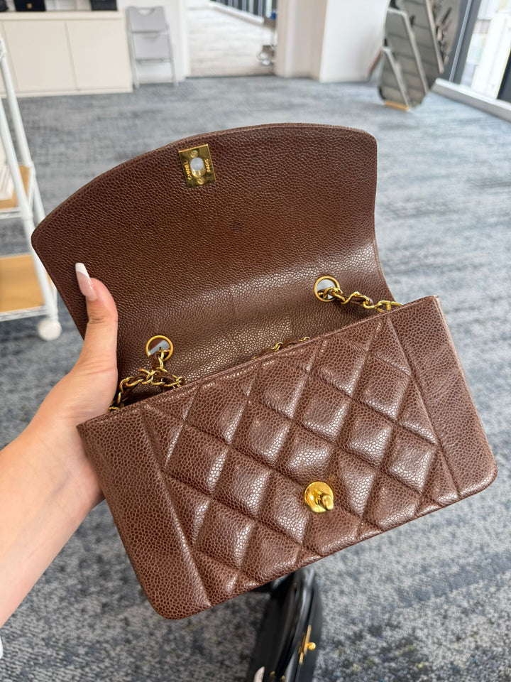 Chanel Small Diana Flap Bag Caviar Brown 24K Plated Gold Hardware 1994